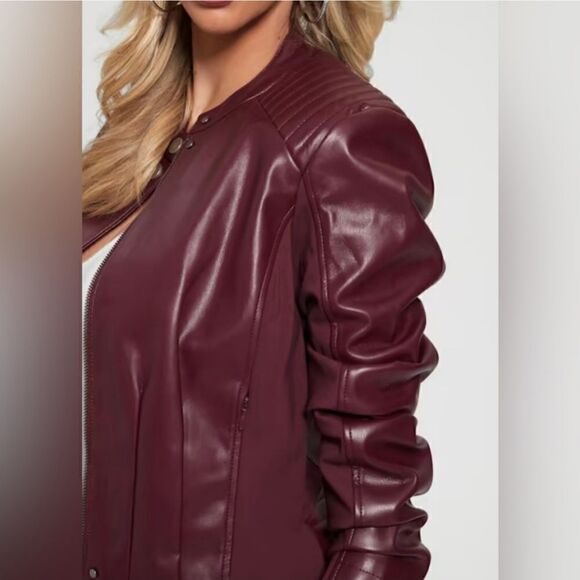 New Guess Fiammetta Faux Leather Moto Jacket Mystic Wine Size XS - Picture 2 of 16